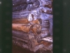 A corner of the cabin with new logs sitting on the stone foundation.
